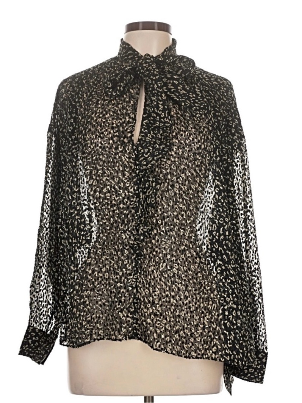 Joie Black and Cream Leopard-Print Tie-Neck Blouse